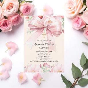 Roze strik roombloemen meisje Doop Kaart