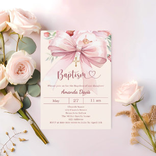 Roze strik roomkleurige bloemen meisje Doop Kaart