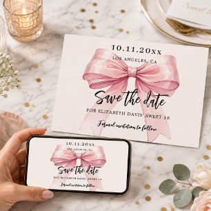Roze strik roomkleurige Sweet 16 Save the Date kaa