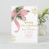 Roze Strik Roos Winter Onederland Verjaardag Kaart (Staand voorkant)