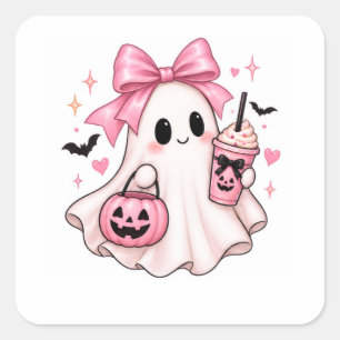 Roze Strik Roze Geest Coquette Halloween Vierkante Sticker