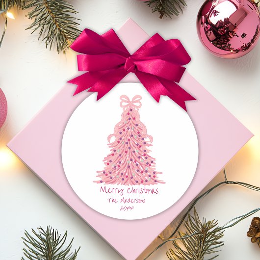 Roze Strik Roze Kerstboom Ronde Sticker