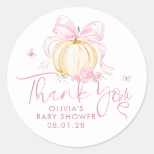 Roze Strik Roze Pompoen Meisje Baby Shower Bedankt Ronde Sticker
