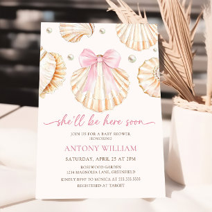 Roze Strik Schelpen Meisje Baby Shower Uitnodiging
