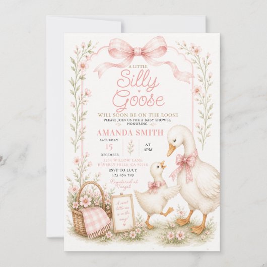 Roze Strik Silly Goose Baby Shower Uitnodiging (Voorkant)