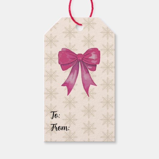 Roze Strik Sneeuwvlok Patroon Cadeaulabel (Voorkant)