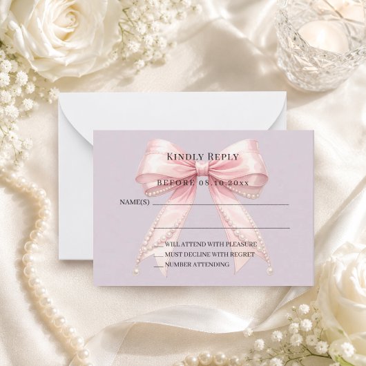 Roze strik stoffig lavendel reactie RSVP Notitiekaartje