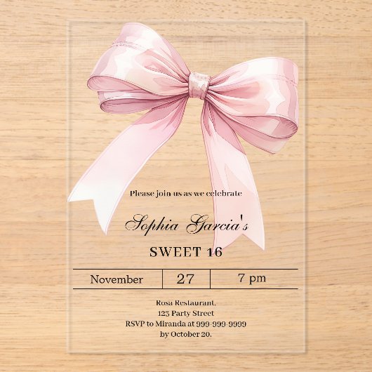 Roze strik Sweet 16 luxe clear Acryl Uitnodigingen (Voorkant)