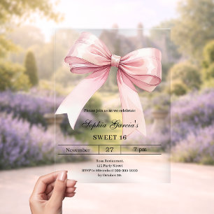 Roze strik Sweet 16 luxe helder Acryl Uitnodigingen
