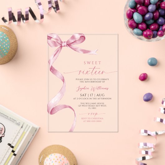 Roze strik Sweet 16 verjaardag  Acryl Uitnodigingen (Insitu (Viering))