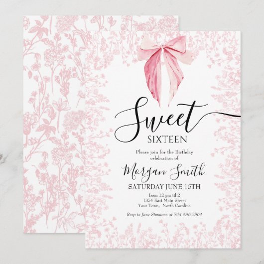 roze strik Sweet Sixteen Birthday Kaart (Voorkant / Achterkant)