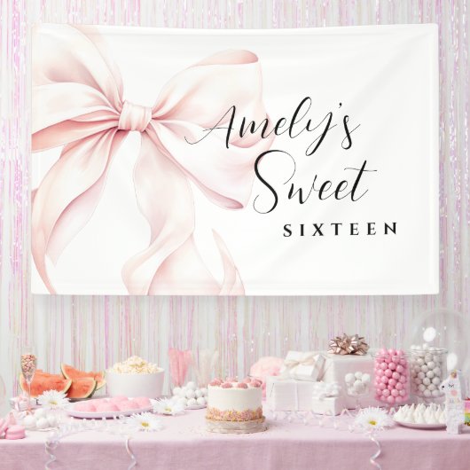 Roze Strik Sweet Sixteen Verjaardag Backdrop Spandoek (Feest)
