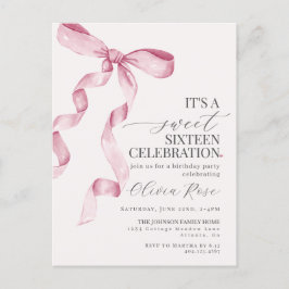 Roze Strik Sweet Sixteen Verjaardagsfeest Uitnodig Briefkaart