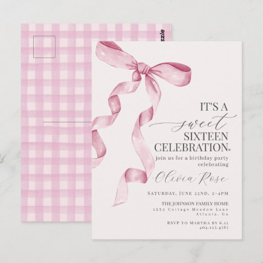Roze Strik Sweet Sixteen Verjaardagsfeest Uitnodig Briefkaart (Voorkant / Achterkant)