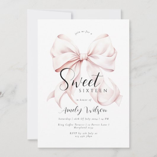 Roze Strik Sweet Sixteen Verjaardagsuitnodiging Kaart (Voorkant)