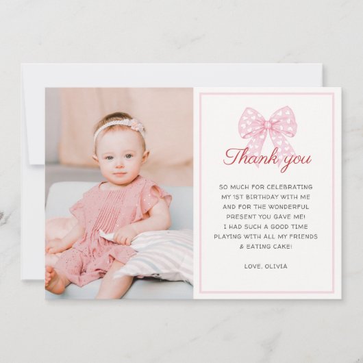 Roze Strik Sweetheart Is Eén Meisje 1e Verjaardag  Bedankkaart (Voorkant)