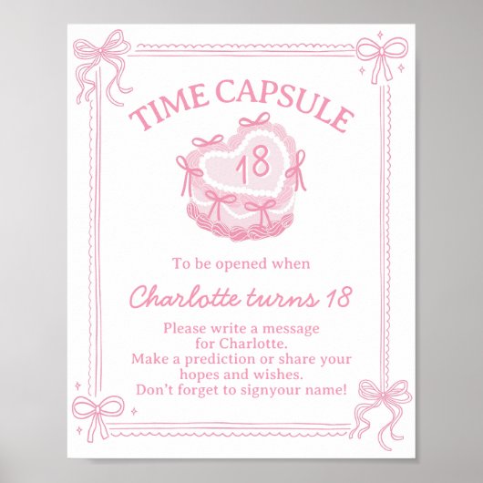 Roze Strik Taart Verjaardagsfeest Tijdscapsule Bor Poster (Voorkant)