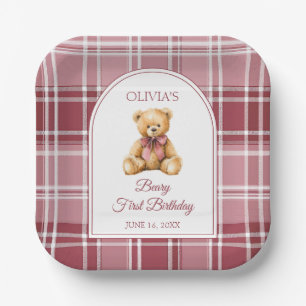 Roze Strik Teddybeer 1e Verjaardag Papieren Bordje
