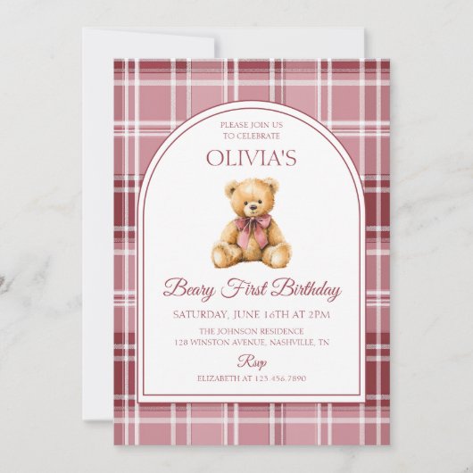 Roze Strik Teddybeer Schotse Strepen Verjaardag Kaart (Voorkant)