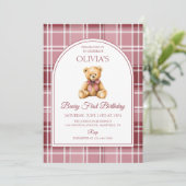 Roze Strik Teddybeer Schotse Strepen Verjaardag Kaart (Staand voorkant)