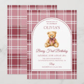 Roze Strik Teddybeer Schotse Strepen Verjaardag Kaart (Voorkant / Achterkant)