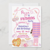 Roze strik van pizza en pyjama verjaardagsfeestje kaart (Voorkant)