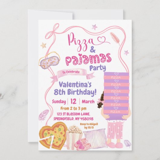 Roze strik van pizza en pyjama verjaardagsfeestje kaart (Voorkant)