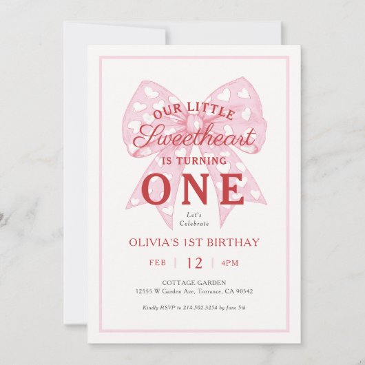 Roze Strik Verjaardag Is Eén Meisje 1e Verjaardag Kaart (Voorkant)