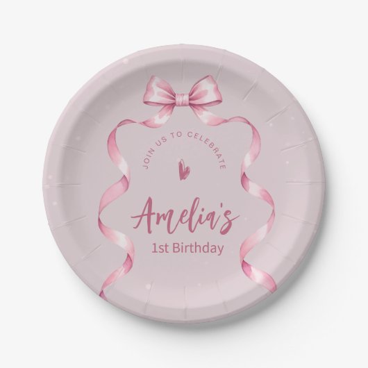 Roze Strik Verjaardags Papieren Bord (Voorkant)