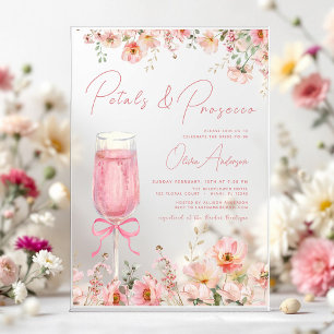 Roze Strik Verjaardagsbloemen & Prosecco Blush Bru Acryl Uitnodigingen