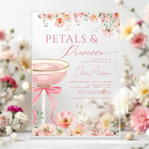 Roze Strik Verjaardagsbloemen & Prosecco Blush Bru Acryl Uitnodigingen