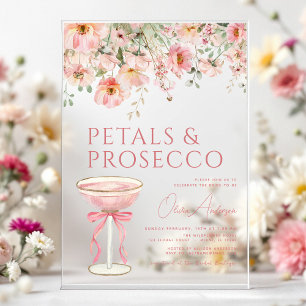 Roze Strik Verjaardagsbloemen & Prosecco Blush Bru Acryl Uitnodigingen