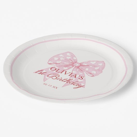 Roze Strik Verjaardagsfeestje Meisje 1e Verjaardag Papieren Bordje (Gekanteld)
