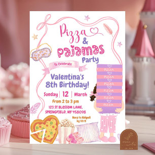 Roze Strik Verjaardagsfeestje met Pizza en Pyjama' Kaart