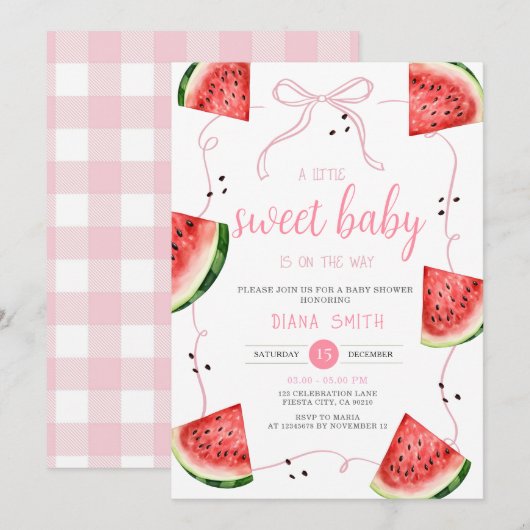 Roze Strik Watermeloen Baby Shower Kaart (Voorkant / Achterkant)