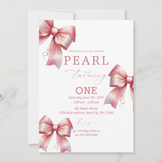 Roze strik Waterverf 1e verjaardag Kaart (Voorkant)