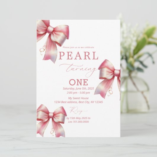 Roze strik Waterverf 1e verjaardag Kaart (Staand voorkant)