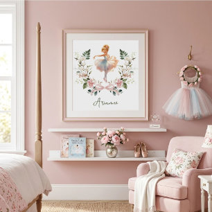 Roze Strik Waterverf Ballerina Slaapkamer Meisjes Poster