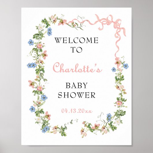 Roze Strik Wilde Bloem Baby Shower Welkom Poster (Voorkant)