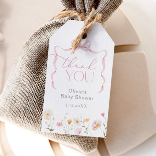 Roze strik wilde bloem whimsical Dank je Cadeaulabel