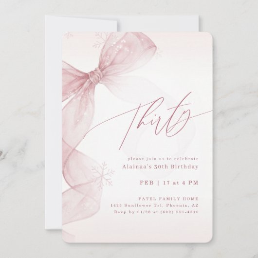 Roze Strik Winter Dertig Verjaardag Meisjes Feestj Kaart (Voorkant)