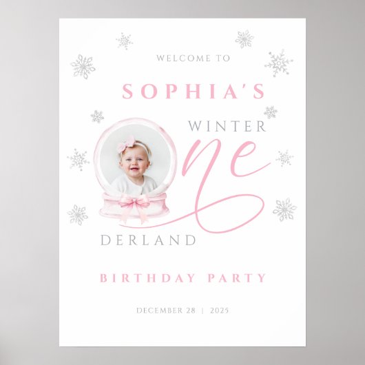Roze Strik Winter Eerste Verjaardag Welkomstbord Poster (Voorkant)