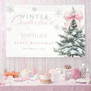 Roze strik Winter Onederland Eerste verjaardag ban Spandoek