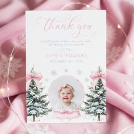 Roze Strik Winter Onederland Eerste Verjaardag Bedankkaart