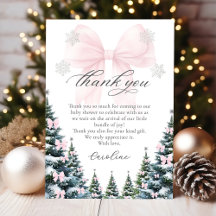 Roze Strik Winterbomen Baby Shower Bedankkaart
