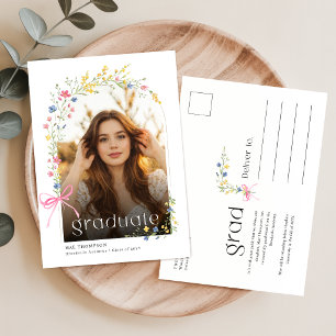 Roze Strik Witte Bloem Afstudeerfoto Aankondiging Briefkaart