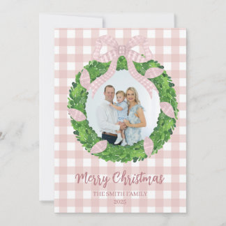 Roze Strik Wreath Kerst Foto Vakantiekaart Feestdagenkaart