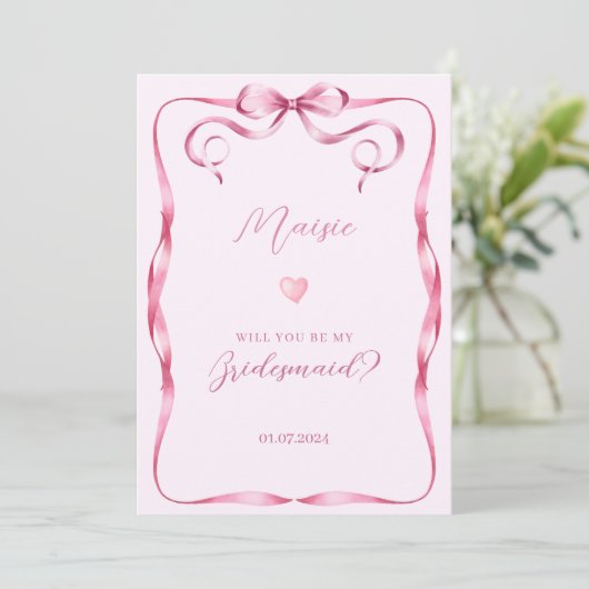 Roze strik zal je mijn bruidsmeisje aanzoek kaart (Staand voorkant)
