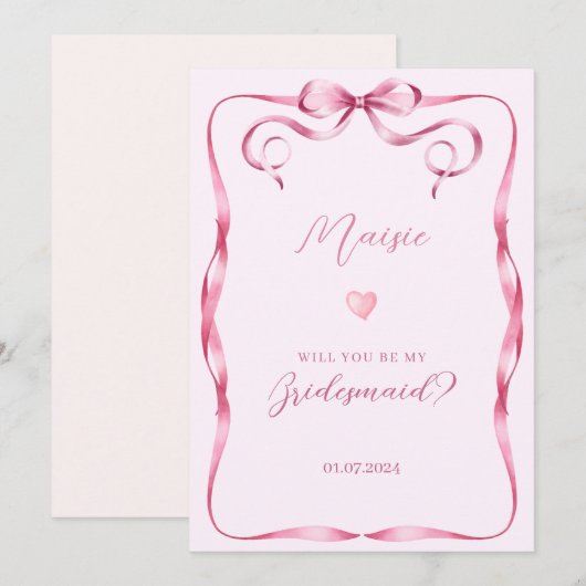 Roze strik zal je mijn bruidsmeisje aanzoek kaart (Voorkant / Achterkant)