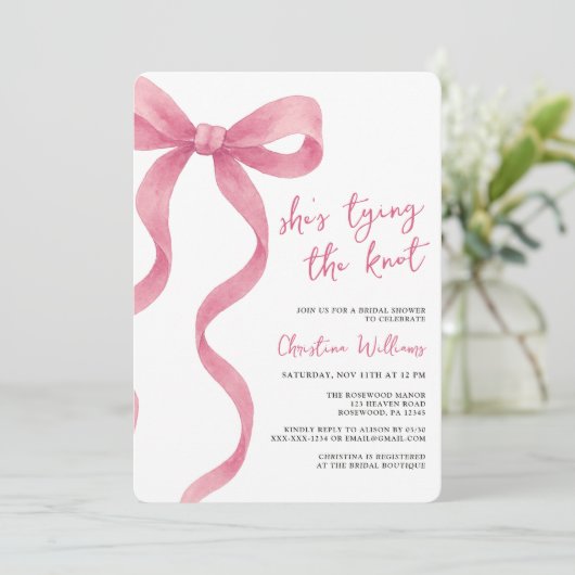 Roze strik Ze bindt het knoop Vrijgezellenfeest Kaart (Staand voorkant)